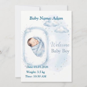 Bienvenue Bébé Garçon - Carte Aquarelle Bleue