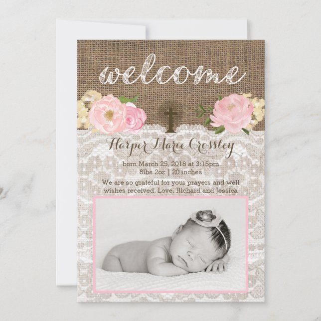 Bienvenue carte fille avec fleurs roses et croix (Devant)
