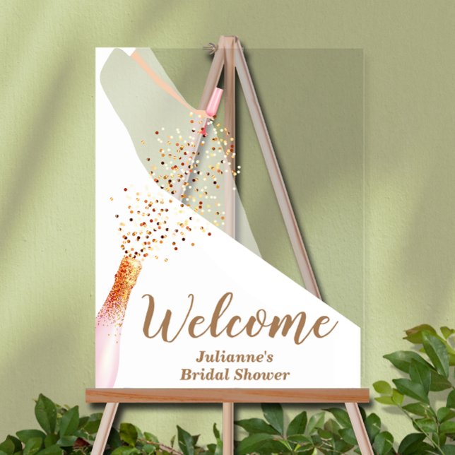 Bienvenue de la mariée dans la Fête des mariées Go (Bride in wedding gown with champagne bridal shower Welcome acrylic sign)
