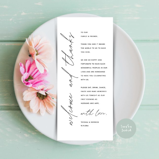 Bienvenue et merci Carte de remerciements de dîner (Welcome and Thanks, Wedding Dinner Place Setting Thank You Card in Modern Classy White Black)