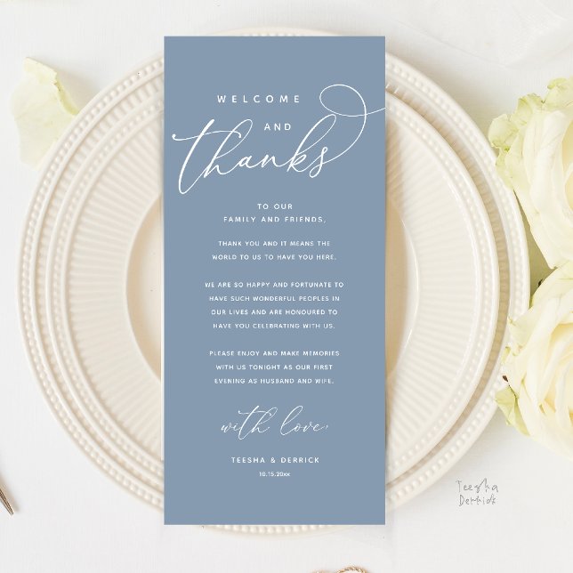 Bienvenue et merci, Carte de remerciements Dîner M (Welcome and Thanks, Modern Boho Wedding Reception Place Setting Thank You Card in Dusty Blue)