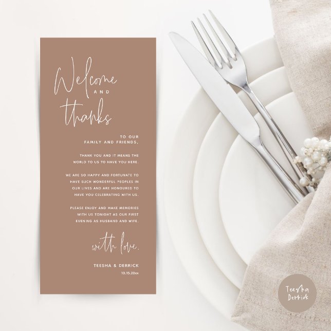 Bienvenue et merci, Place Setting Carte de remerci (Welcome and Thanks, Dinner Place Setting Thank You Card, Modern Romantic, in Taupe)