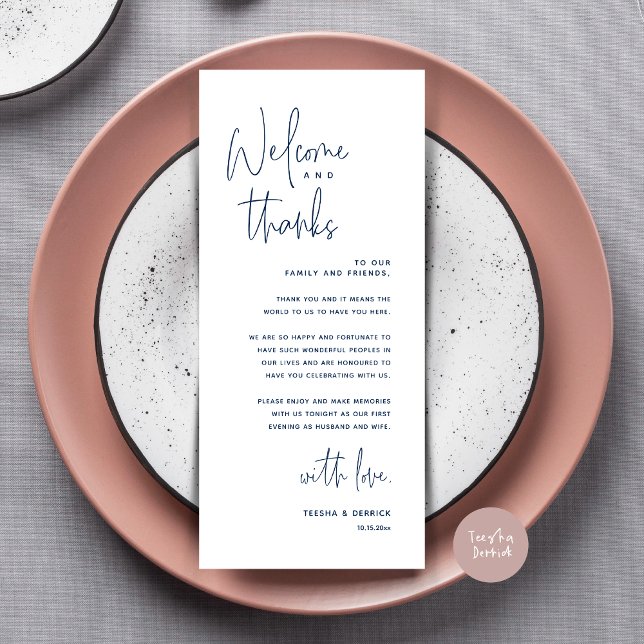 Bienvenue et merci, Place Setting Carte de remerci (Welcome and Thanks, Dinner Place Setting Thank You Card, Modern Romantic, in Navy Blue)