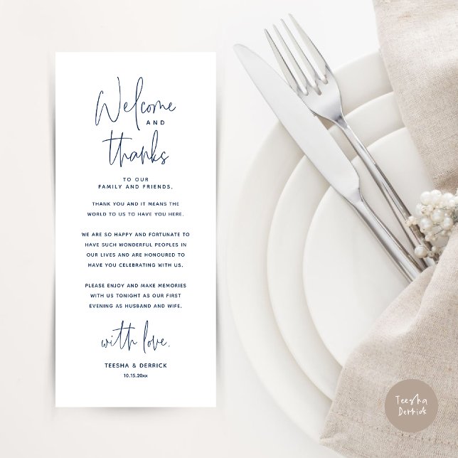 Bienvenue et merci, Place Setting Carte de remerci (Wedding Dinner Place Setting Thank You Card, Modern Minimalist, in Navy Blue)