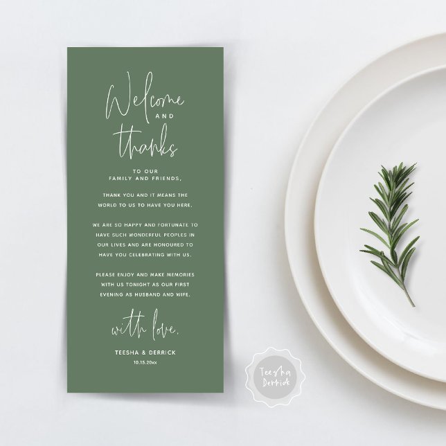 Bienvenue et merci, Place Setting Carte de remerci (Wedding Dinner Place Setting Thank You Card, Welcome and Thanks, in Sage Green)