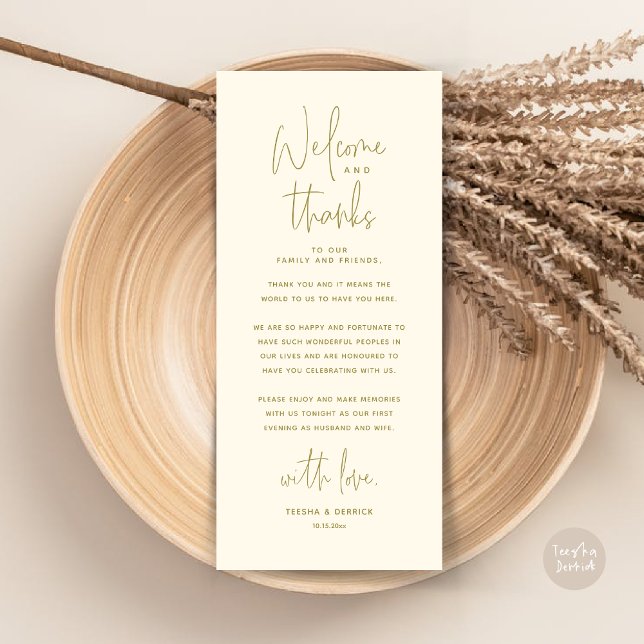 Bienvenue et merci, Place Setting Carte de remerci (Wedding Dinner Place Setting Thank You Card, Modern Minimalist, in Retro Yellow Gold)