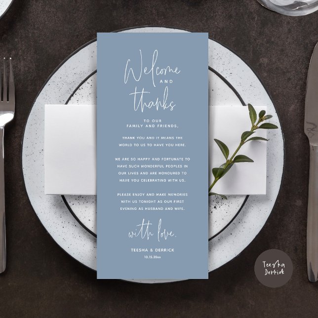 Bienvenue et merci, Place Setting Carte de remerci (Wedding Dinner Place Setting Thank You Card, Modern Minimalist, in Dusty Blue)