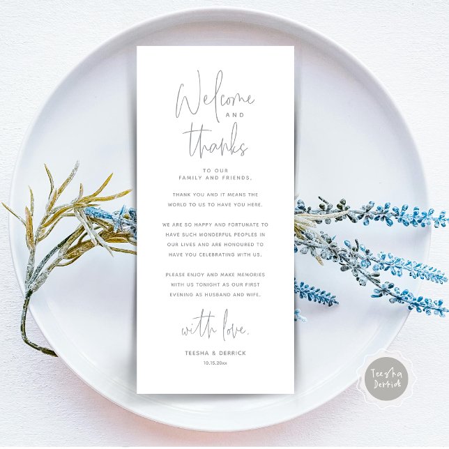 Bienvenue et merci, Place Setting Carte de remerci (Wedding Dinner Place Setting Thank You Card, Welcome and Thanks, Modern Minimalist, in Grey)