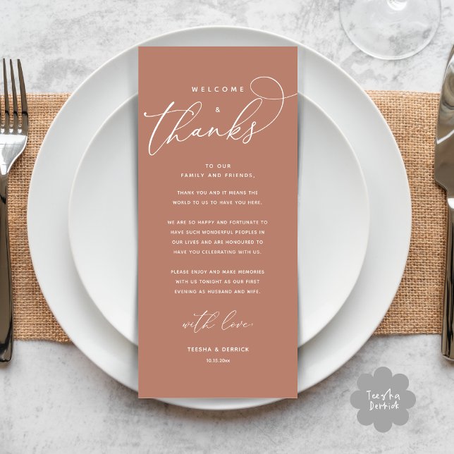 Bienvenue et merci, Place Setting Carte de remerci (Welcome and Thanks, Modern Wedding Dinner Brunch Lunch Place Setting Thank You Card in Terracotta)