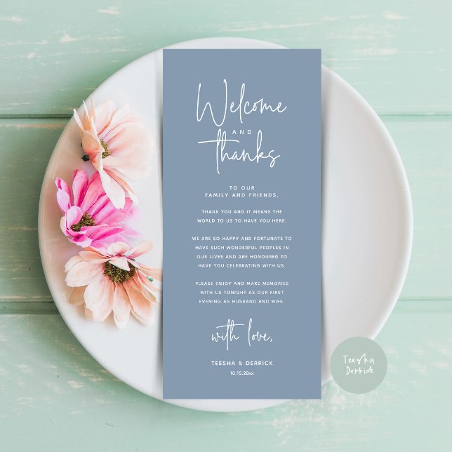Bienvenue et merci, Place Setting Carte de remerci (Welcome and Thanks, Modern Wedding Dinner Brunch Lunch Place Setting Thank You Card in Dusty Blue)