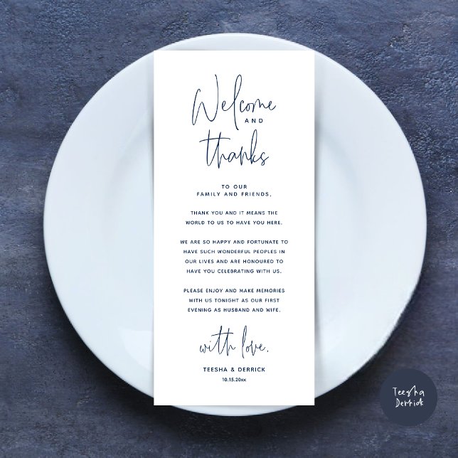 Bienvenue et merci, Place Setting Carte de remerci (Welcome and Thanks, Place Setting Thank You Dinner Party Card in Navy Blue)