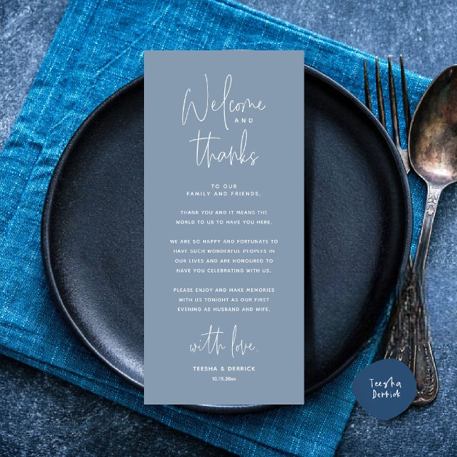 Bienvenue et merci, Place Setting Carte de remerci (Welcome and Thanks, Place Setting Thank You Dinner Party Card in Dusty Blue)