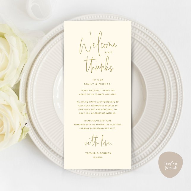 Bienvenue et merci, Place Setting Carte de remerci (Welcome and Thanks, Wedding Dinner Place Setting Thank You Card in Yellow Gold)