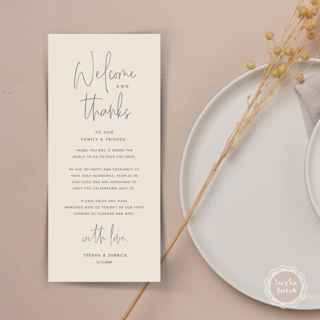 Bienvenue et merci, Place Setting Carte de remerci (Welcome and Thanks, Wedding Dinner Place Setting Thank You Card in Dark Grey Cream)