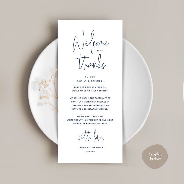 Bienvenue et merci, Place Setting Carte de remerci (Welcome and Thanks, Wedding Dinner Place Setting Thank You Card in Classy Navy Blue)