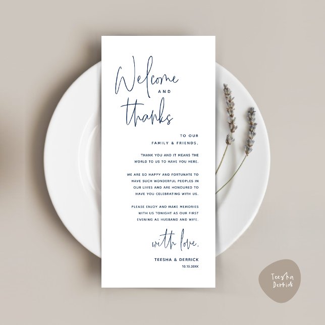 Bienvenue et merci, Place Setting Carte de remerci (Welcome and Thanks, Wedding Dinner Place Setting Thank You Card in Classy Navy Blue)