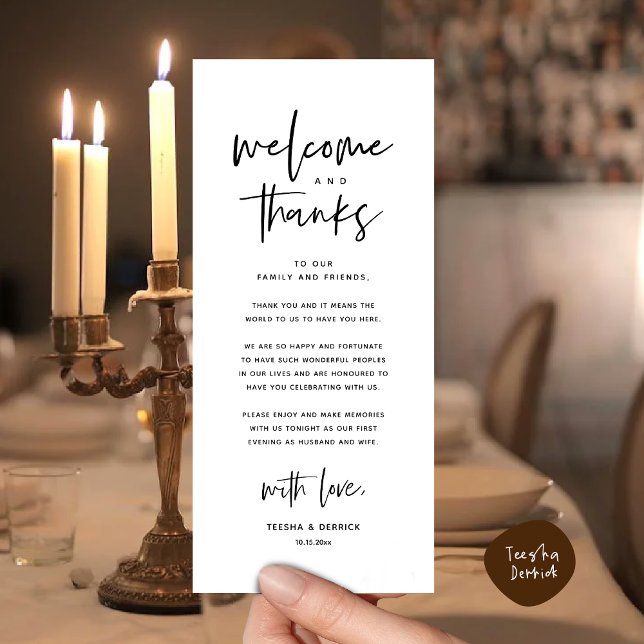 Bienvenue et merci, Place Setting Carte de remerci (Welcome and Thanks, Modern Wedding Dinner Brunch Party Place Setting Thank You Card White Black)