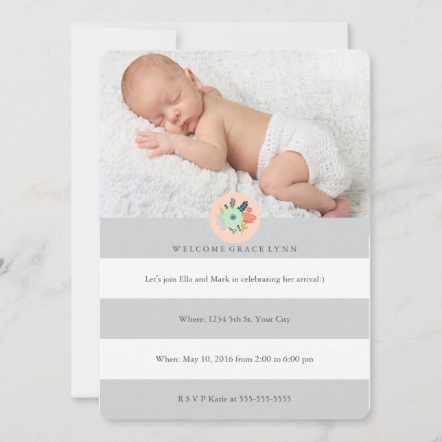 Bienvenue Invitation bébé en gris, corail et menth (Devant)