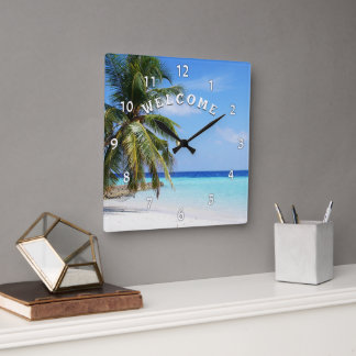 Bienvenue Island Beach Palm Tree Horloge murale
