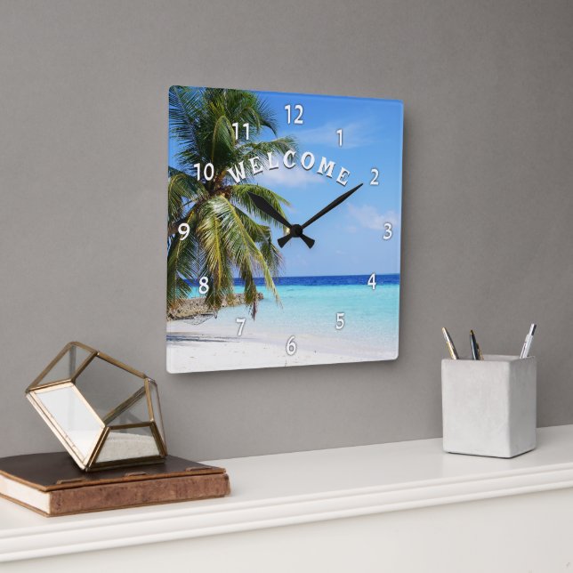 Bienvenue Island Beach Palm Tree Horloge murale (Bureau)