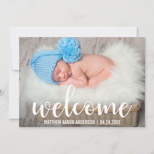 Bienvenue Nouveau bébé moderne carte à script blan (Devant)