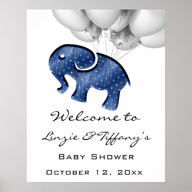 Bienvenue Poster Baby shower Blue Navy Elephant (Devant)
