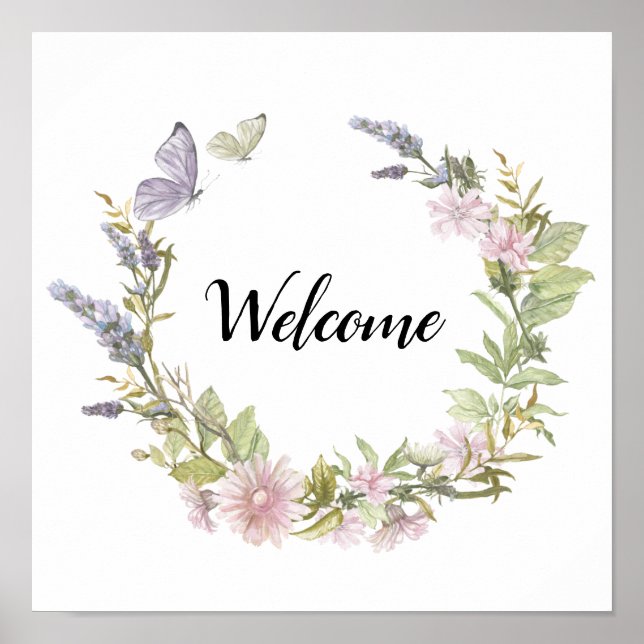 Bienvenue Poster Floral Butterfly Wreath (Devant)
