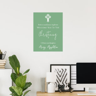 Bienvenue Poster Floral Croix Christening Sage Gre