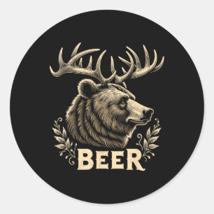 Bier Funny Vintag Design Bär mit Hirschantler F Runder Aufkleber