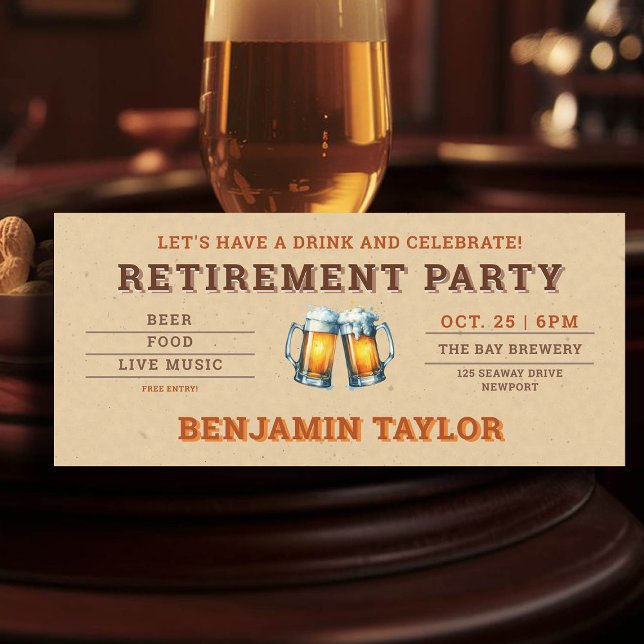 Bier Themed Brauerei Ticket Kraft Retirement Party (simple retire retirement party celebration invitation beer themed brewery)