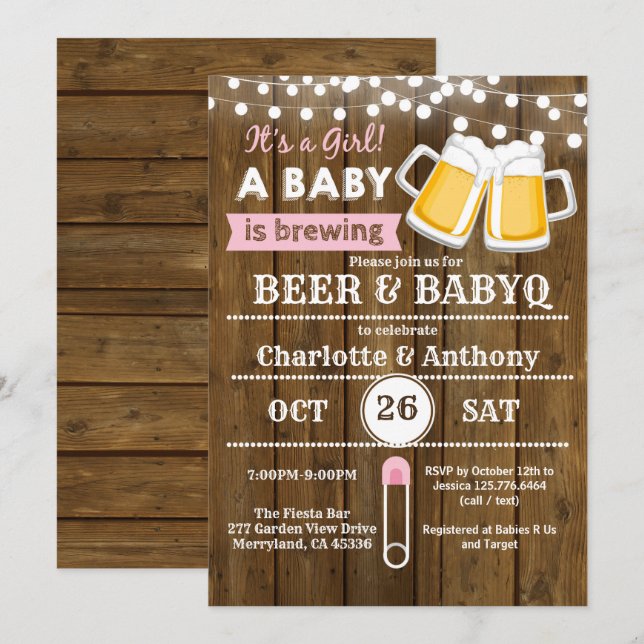 Bier und BabyQ Paare Babydusche Einladung Rosa (Vorne/Hinten)