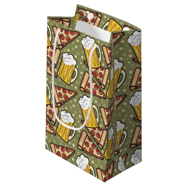 Bier-und Pizza-Grafik Kleine Geschenktüte (Vorderseite Schrägansicht)
