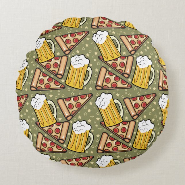 Bier und Pizza Grafisches Muster Rundes Kissen (Vorderseite)