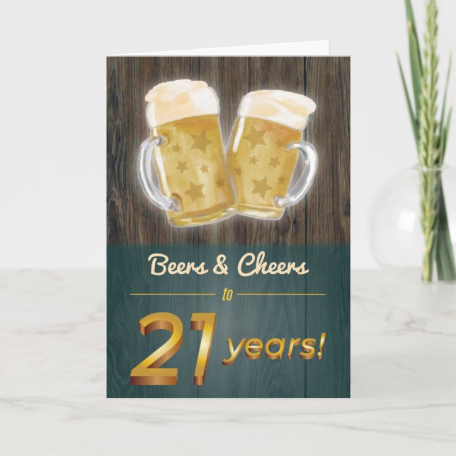 Biere & Cheers Wood 21. Geburtstagskarte Karte (Vorderseite)