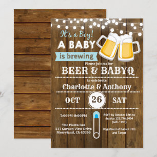 Bière et BabyQ couples baby shower invitation bois