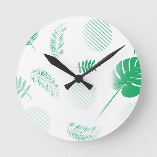 Bieten Sie grüne Blätter auf Weiß an Runde Wanduhr (Vorderseite)