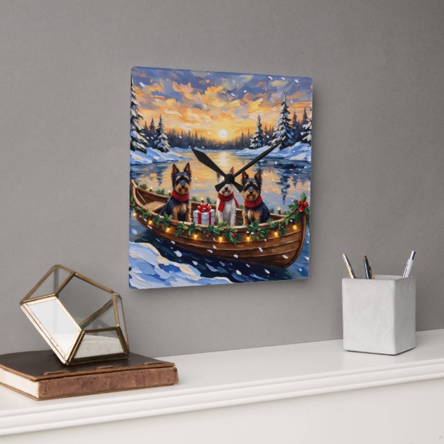 Biewer Terrier Christmas Boat Holiday Quadratische Wanduhr (Büro)