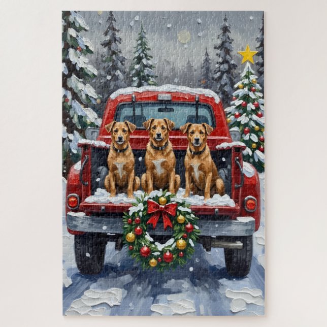 Biewer Terrier Christmas Red Truck Holiday (Vertikal)