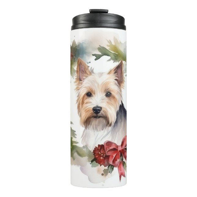 Biewer Terrier Christmas Wreath Festive Pup Thermosbecher (Vorderseite)