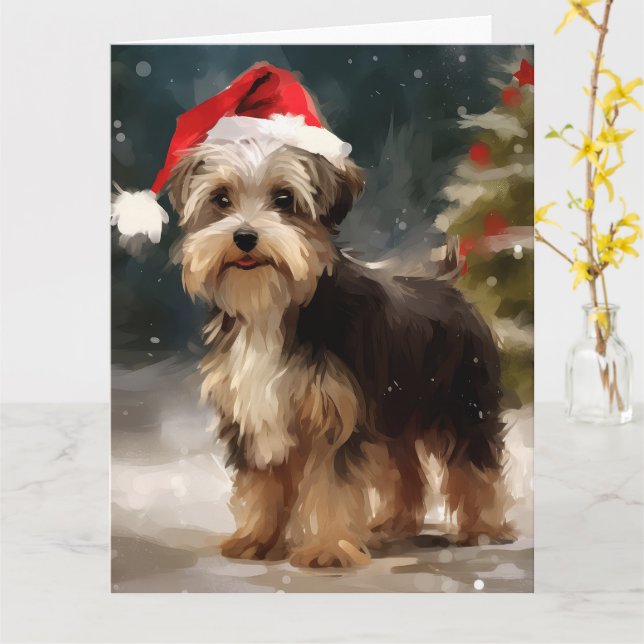 Biewer Terrier Dog in Schneehocht Karte (Gelbe Blume)