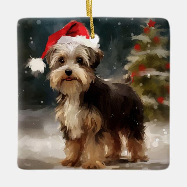 Biewer Terrier Dog in Schneehocht Keramikornament (Vorderseite)