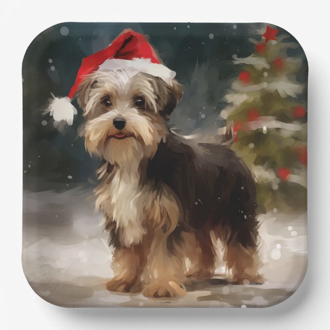 Biewer Terrier Dog in Schneehocht Pappteller (Vorderseite)