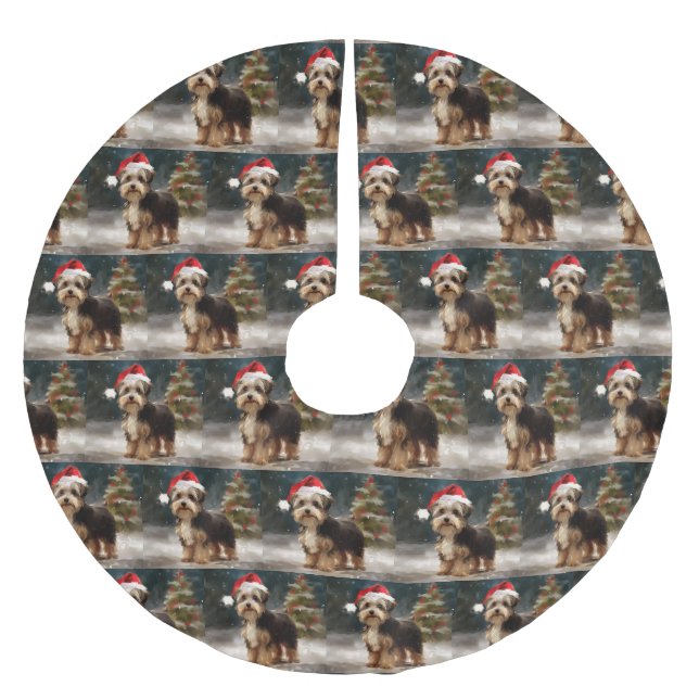 Biewer Terrier Dog in Schneehocht Polyester Weihnachtsbaumdecke (Vorderseite)