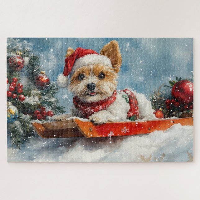 Biewer Terrier Dog in Sledge Let it Snow Christmas (Horizontal)
