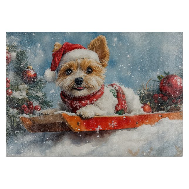 Biewer Terrier Dog in Sledge Let it Snow Christmas Schneidebrett (Vorderseite)