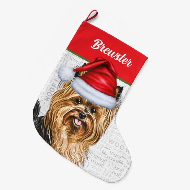 Biewer Terrier Dog mit Hundenname Großer Weihnachtsstrumpf (Vorderansicht (hängend))