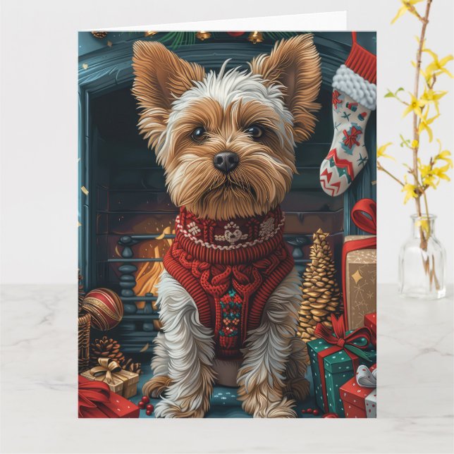 Biewer Terrier Dog mit Weihnachtsgeschenken Feuerp Karte (Gelbe Blume)