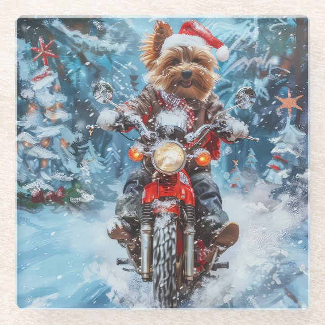 Biewer Terrier Dog Riding Motorrad Weihnachten Glasuntersetzer (Vorderseite)