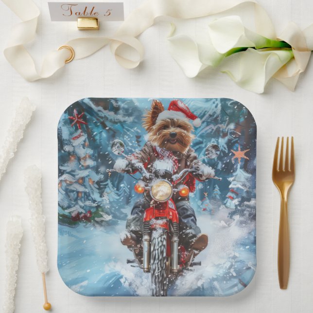Biewer Terrier Dog Riding Motorrad Weihnachten Pappteller (Hochzeit)