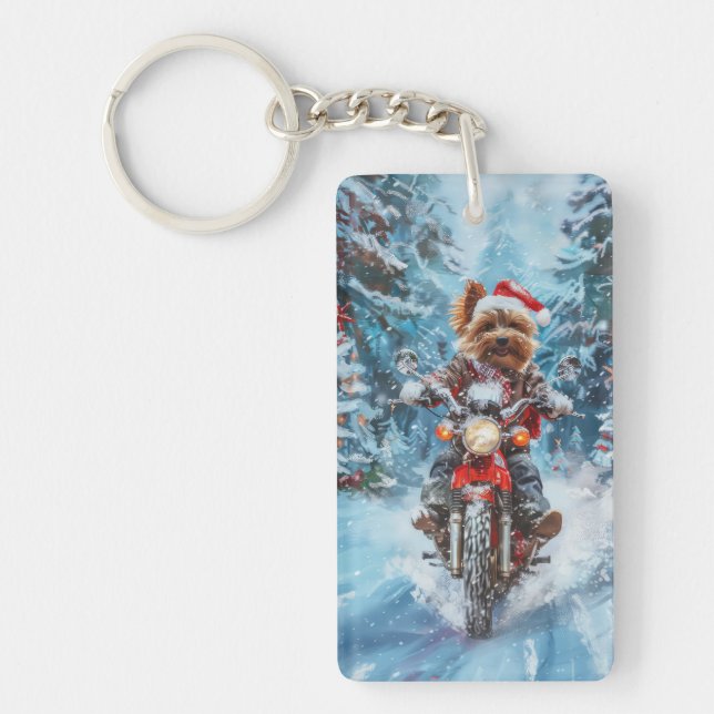 Biewer Terrier Dog Riding Motorrad Weihnachten Schlüsselanhänger (Vorderseite)